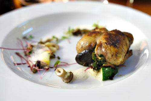 'Faux Gras' Stuffed Quail with Parisian Gnocchi, Summer Squash and Mushrooms