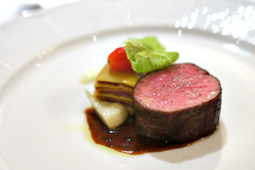 Marcho Farm nature-fed veal, 'lasagne de langue de veau,' toybox tomatoes, globe artichoke, romaine lettuce and Castelmagne 'mousseline'