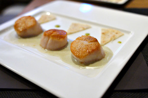 Coquilles St. Jacques 'Nacho', servies avec 'Gordita', Sauce Créme de Roquefort