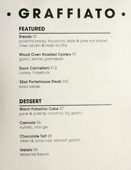 Graffiato Specials & Dessert Menu