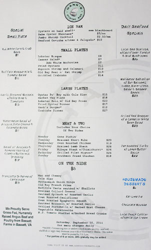 Hank's Oyster Bar Menu