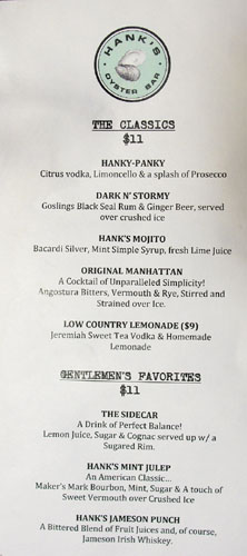 Hank's Oyster Bar Cocktail List