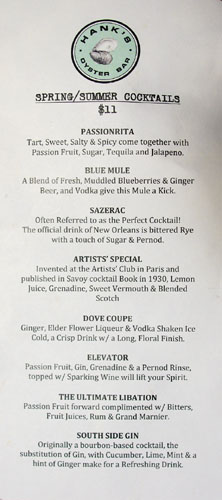 Hank's Oyster Bar Cocktail List