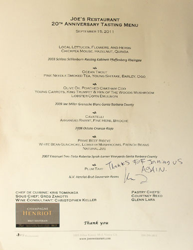 Joe's 20th Anniversary Tasting Menu