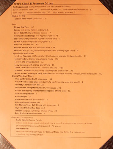 Kaz Sushi Bistro Specials Menu