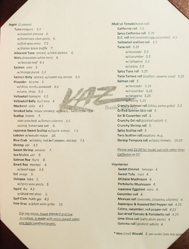 Kaz Sushi Bistro Menu