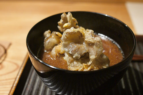 Red Miso Soup with Maitake Mushroom Tempura and Japanese Eggplant