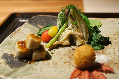 Assortment of Grilled Vegetables with Smoked Soy Sauce / Matsutake Mushroom Croquet / Grilled Awa-Fu with Sweet Soy Sauce