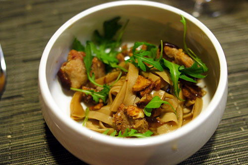 King oyster 'udon,' sweetbreads, banana-molasses, pickled ginge