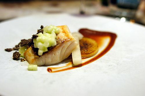 Tai snapper, onion tart, coffee, asian pear