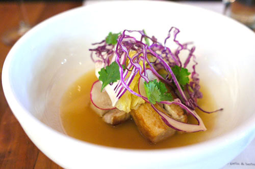 Braised pork belly, Savoy cabbage, watermelon radish & pork/sesame consommé