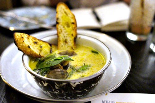 Clam chowder, with green curry, lemongrass, pancetta, coconut milk, and toasted sourdough