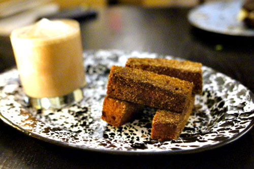 Chu-don't-know-mang, pound cake cinnamon churros, with malted chocolate milk and vanilla ice cream