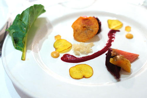 Textures of Beets and Persimmons, Crispy Rice