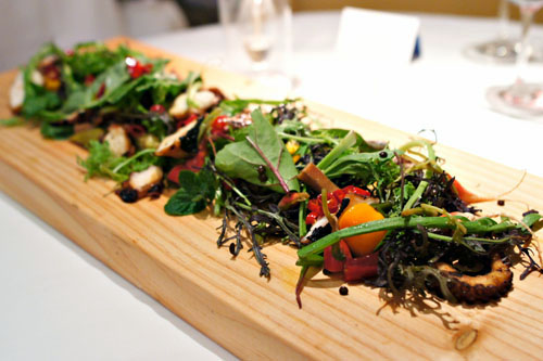 Harissa Octopus, Kefir Lentils, Pickled Root Vegetables, Charred Arugula, Spicy Micro Greens