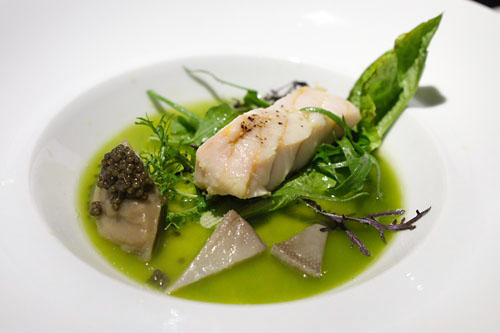 Columbia River sturgeon | artichoke, salted crust baked sturgeon fillet, caviar-artichoke, wilted greens, vegetable 'green tea'