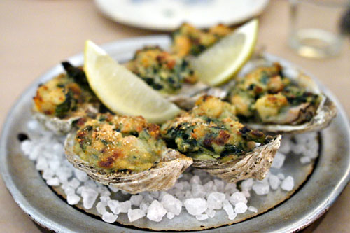 baked oysters, creamed spinach, bacon, shrimp