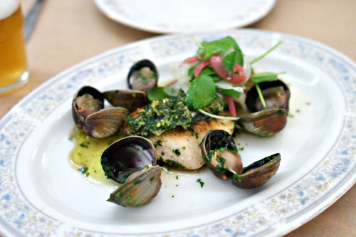 butterfish, cockles, miners lettuce, fennel, salsa verde