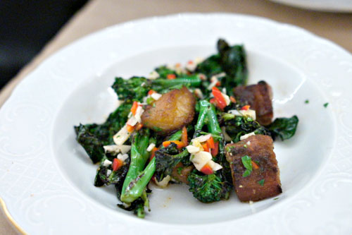 sprouting broccoli, pork cheek, chili vinaigrette