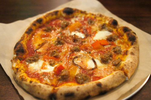 02 House Made Sausage, Fire Roasted Peppers, Grilled Onion, Cheese Blend