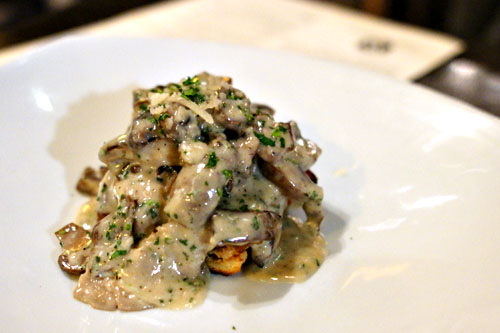 Mushrooms and savory cake, crimini, oyster, porcini mushrooms, cream, truffle oil, Reggiano