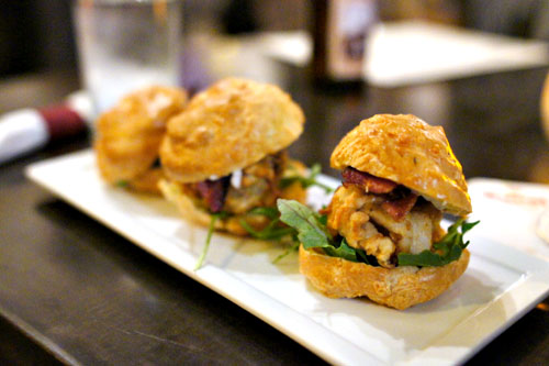 Gougere, slider fried oysters, tartar sauce, bacon & arugula