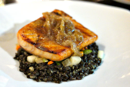 Grilled smoked salmon, root vegetable brunoise, beluga lentils, lemon and onion soubise