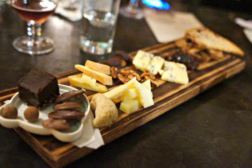 Chocolate and Cheese Plate, selection of cheeses, milk & dark chocolates, cherry bread crisps, port marmalade & candied walnuts