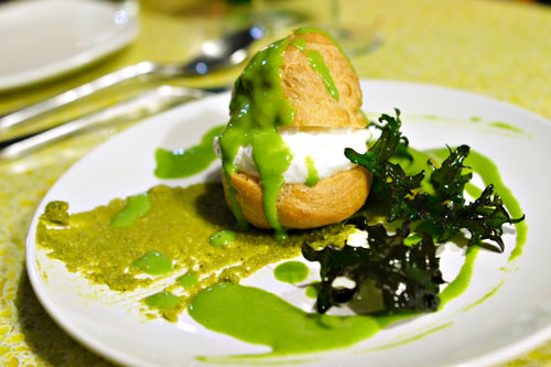 Goat Cheese Profiteroles, Pistachio, Crispy Leaves