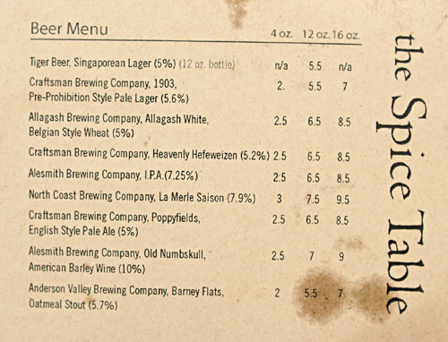 The Spice Table Beer List