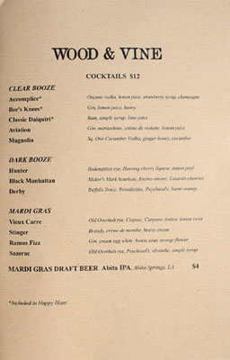 Wood & Vine Cocktail List