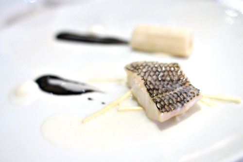 Black bass with hearts of palm 'cannelloni', black sesame, bitter almond and young coconut