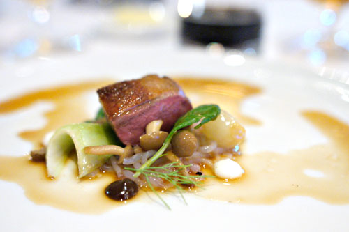 Peking-style squab with yam noodles, Hon Shimeji mushrooms, garlic emulsion, and sesame-soy broth