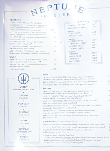 Neptune Oyster Menu