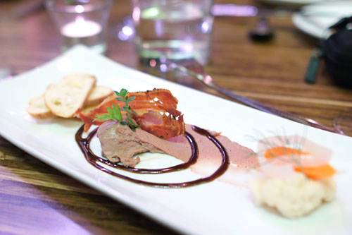 Faux Gras Mousse, chicken liver mousse, croustades, house made pickles, crisp chicken bacon