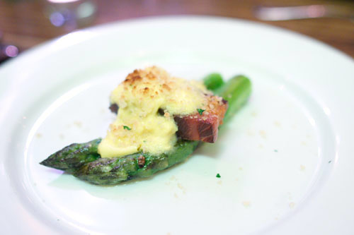 Asparagus, bacon confit, soft scrambled egg, bread crumbs