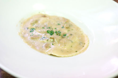 Chicken Ravioli, porcini mushrooms, truffle oil, reggiano