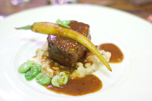 Sous Vide Short Ribs with red wine sauce, spaetzle, fava beans