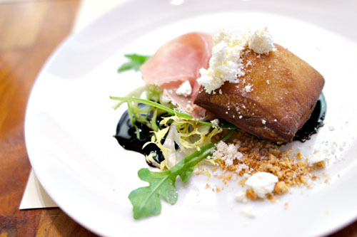 raclette beignet, prosciutto, olive oil powder, malt vinegar, star anise