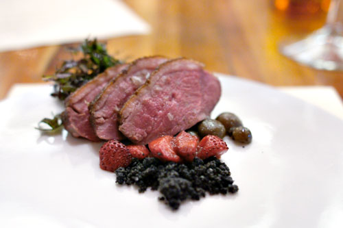 duck, strawberries, rhubarb, mushroom, black sesame