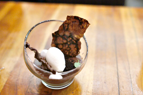 textures of chocolate, dehydrated peppermint meringue, eucalyptus ice cream