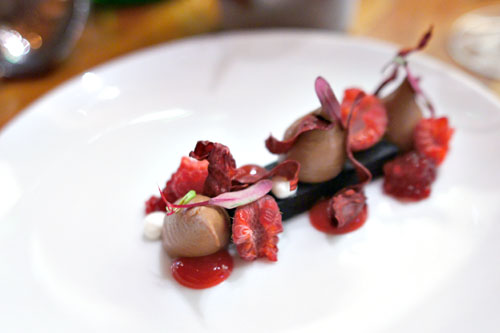 72% Mast Brothers chocolate cream, beets, raspberries, yogurt, red shiso