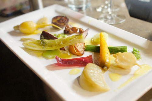 'veggie plate', beets, pickled onion petals, turnips, radish, kohlrabi, pears, rutabaga, grapes, scallions, fava beans, celtuce