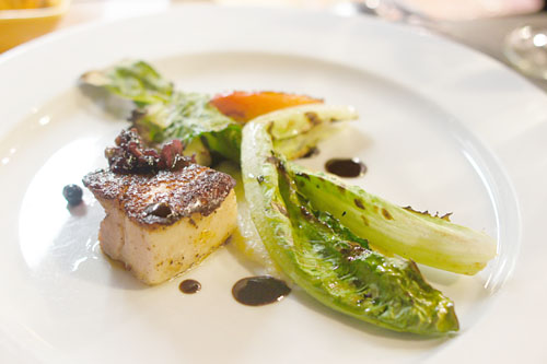 'poitrine de porc', slow braised heritage pork belly, stone ground grits, apples, greens, white wine braised leeks