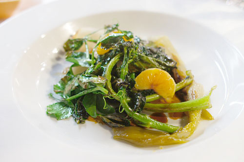 'flavors of tangerine beef broccoli', pea tendrils, broccoli, black forbidden rice, caramelized onion jus, tangerine