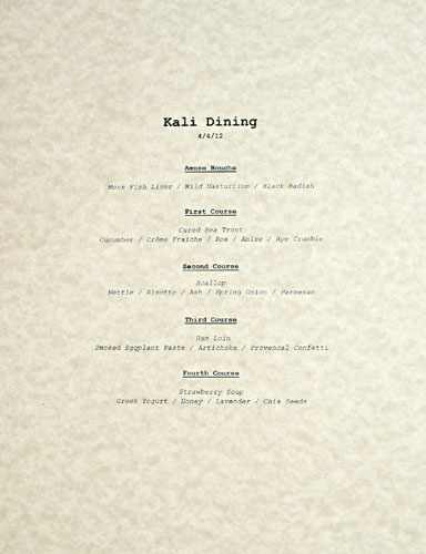 Kali Dining Menu