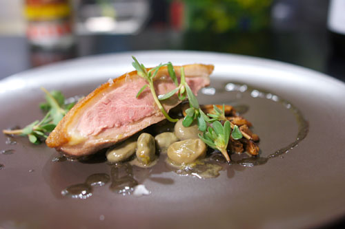 Duck breast, braised fava, chanterelle, black olive oil