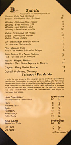 BierBeisl Spirits and Schnaps List