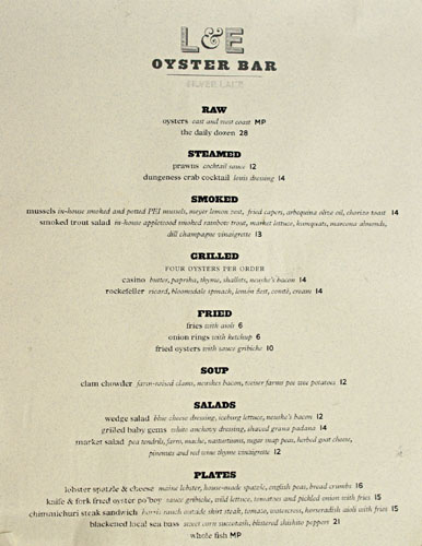 L&E Oyster Bar Menu