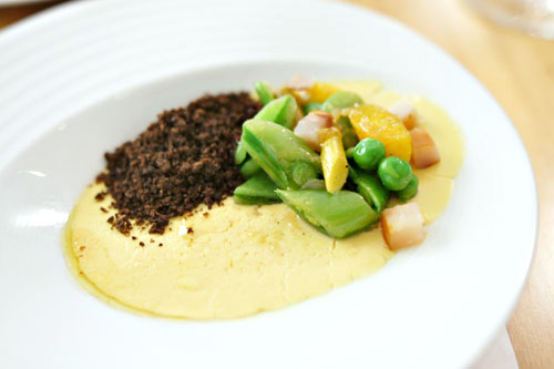 Foie Gras Custard, Spring Vegetables, Smoked Sturgeon, Rye